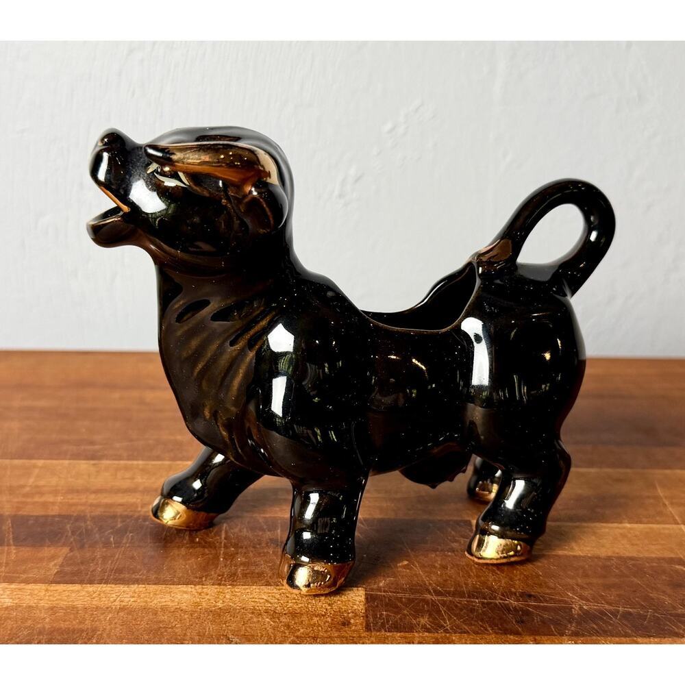Vintage 1950s Black Bull Creamer | Gold Accents, Mid-Century Ceramic Pitcher - Picture 2 of 15